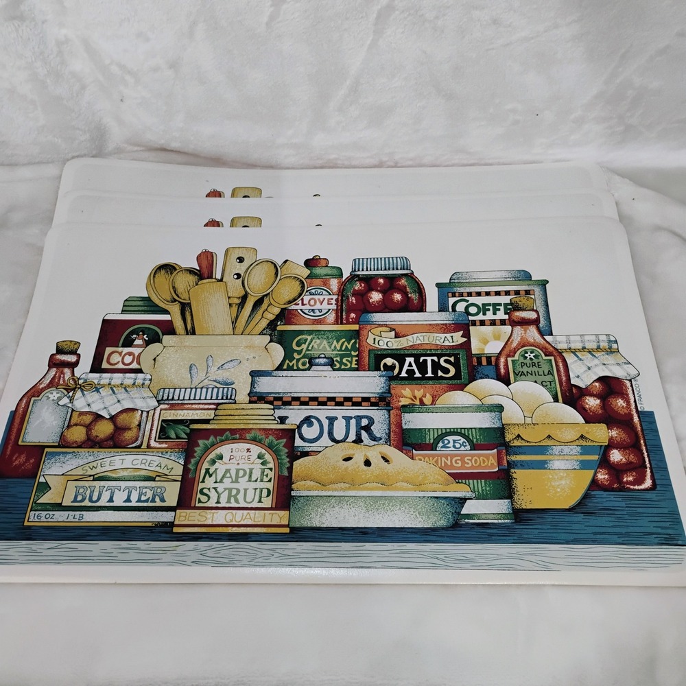 3 Vtg Franco Country Kitchen Pantry Vinyl Placemats Set 17x11 Farmhouse Retro H